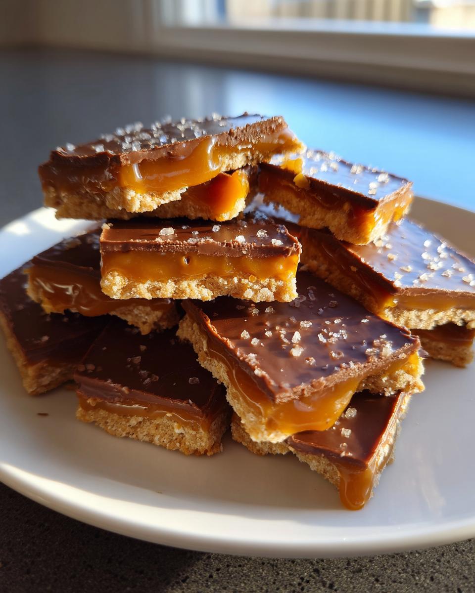 A stack of rich Caramel Ritz Cracker Christmas Cookies featuring a shortbread base, thick caramel, and chocolate topping sprinkled with sea salt.