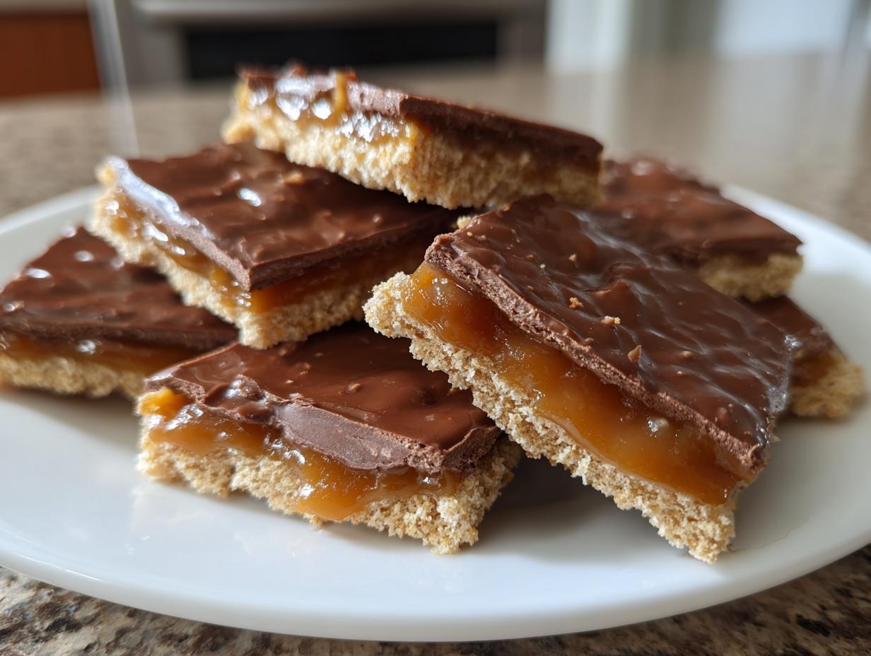 A stack of rich Caramel Ritz Cracker Christmas Cookies featuring a crunchy base, thick caramel layer, and chocolate topping.