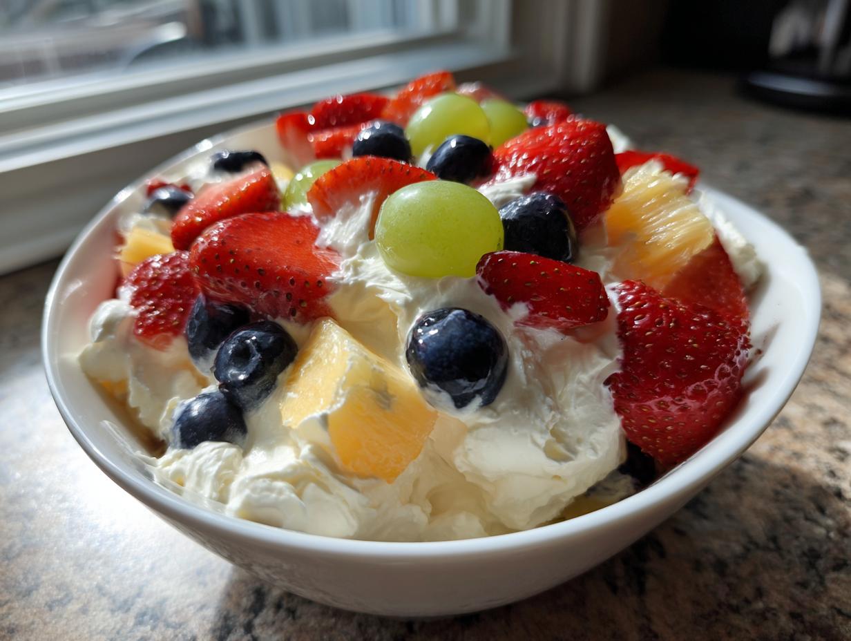 A white bowl filled with creamy cheesecake fruit salad topped generously with fresh strawberries, blueberries, grapes, and pineapple chunks.