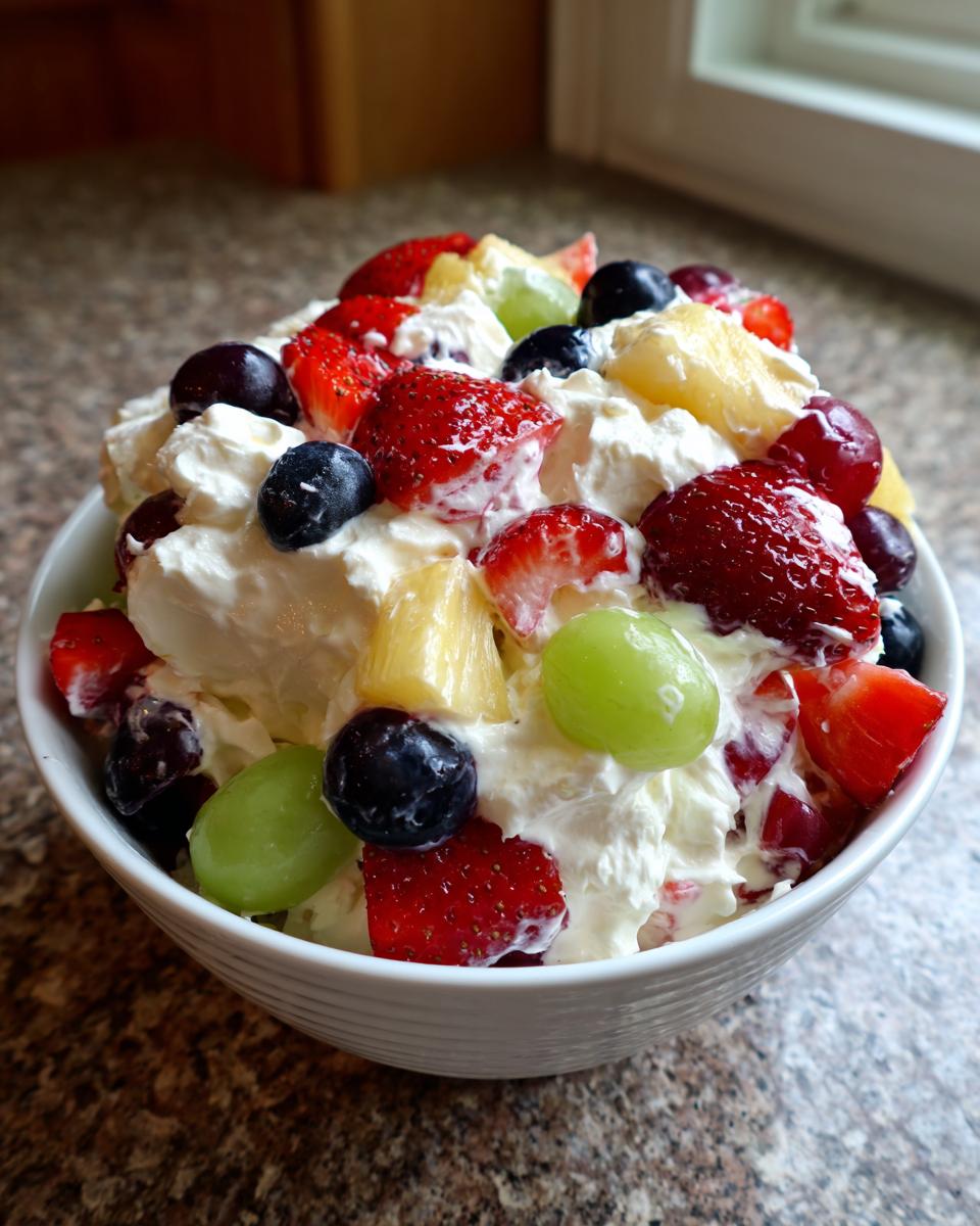 A close-up of a bowl filled with creamy cheesecake fruit salad, topped with strawberries, blueberries, grapes, and pineapple.