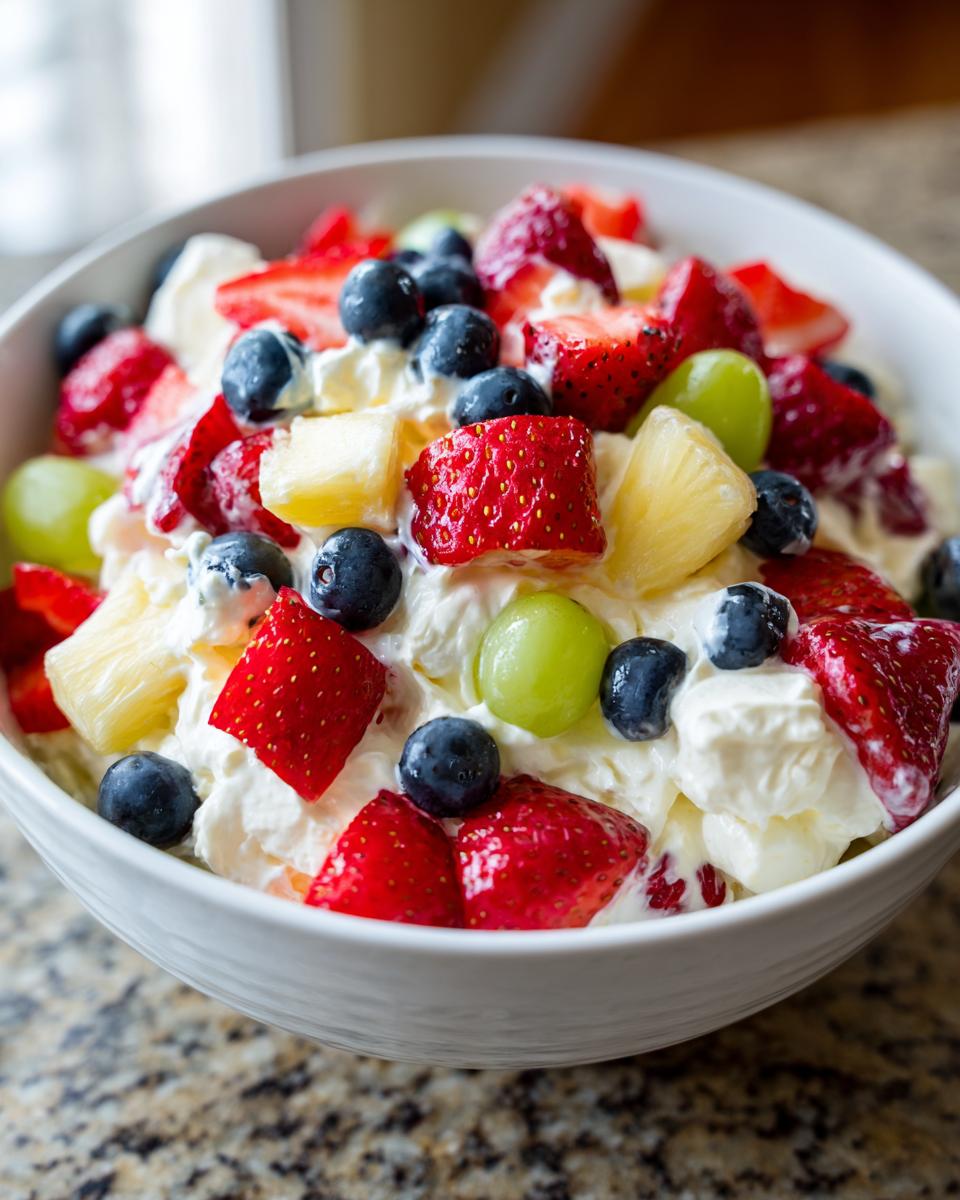 Close-up of a creamy cheesecake fruit salad featuring strawberries, blueberries, pineapple, and grapes.