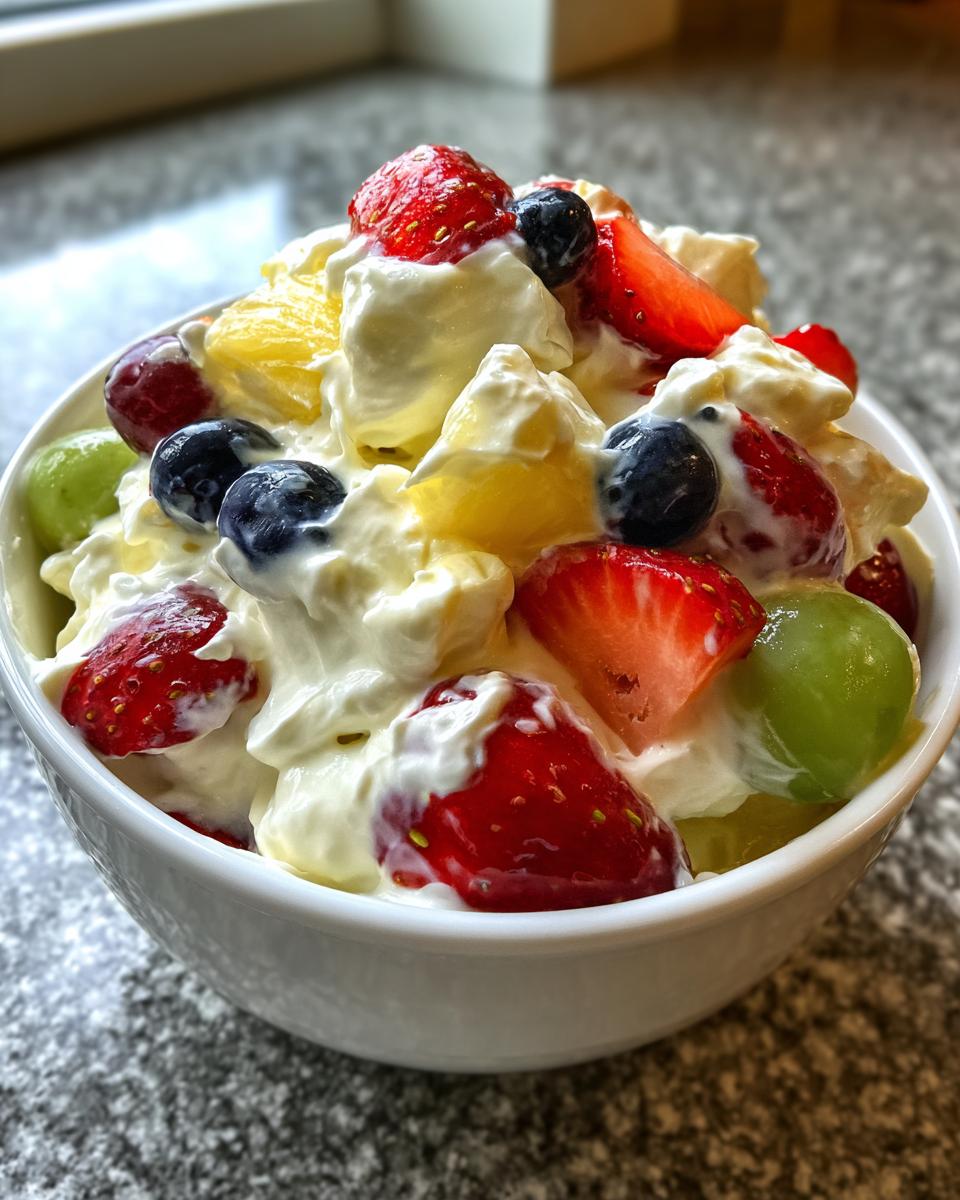 A close-up view of a white bowl filled with creamy cheesecake fruit salad featuring strawberries, blueberries, grapes, and pineapple.