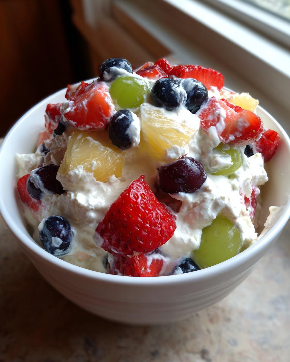 A close-up view of a white bowl filled with creamy cheesecake fruit salad featuring strawberries, blueberries, grapes, and pineapple.