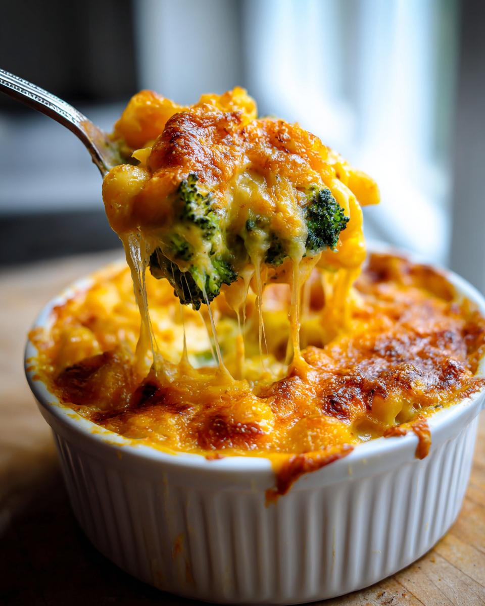 A spoonful of cheesy broccoli cheddar being lifted from a white ramekin, showing a dramatic cheese pull.