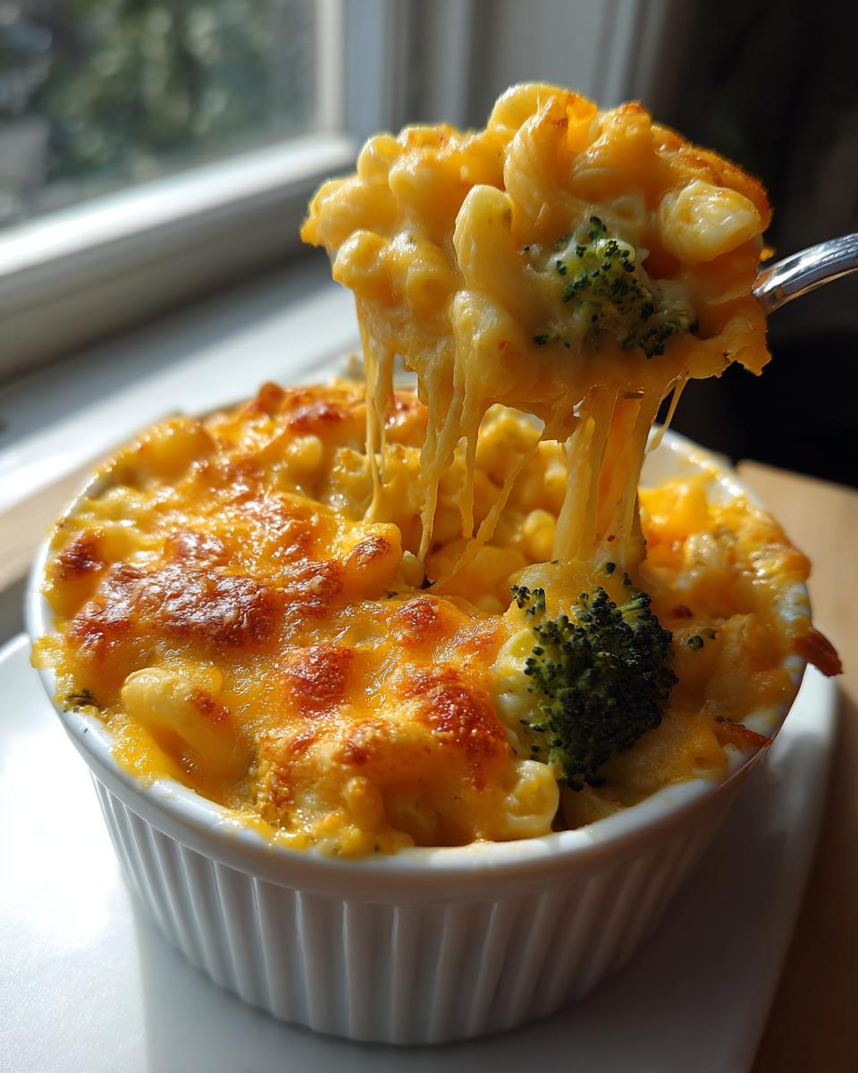 A spoonful of creamy, cheesy broccoli cheddar mac and cheese showing a dramatic cheese pull.