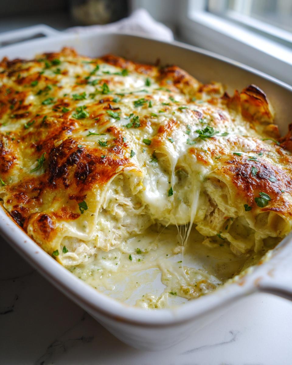 Close-up of creamy, cheesy chicken enchiladas with a golden-brown top, showing a serving removed.