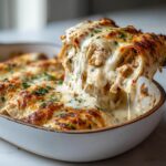 A serving of creamy, cheesy chicken enchiladas being lifted from a baking dish, showing a dramatic cheese pull.