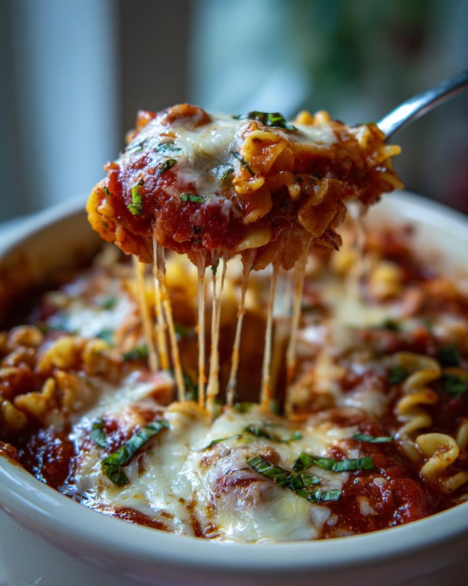 A spoonful of cheesy crockpot lasagna soup showing long cheese pulls over the rich tomato sauce and pasta.