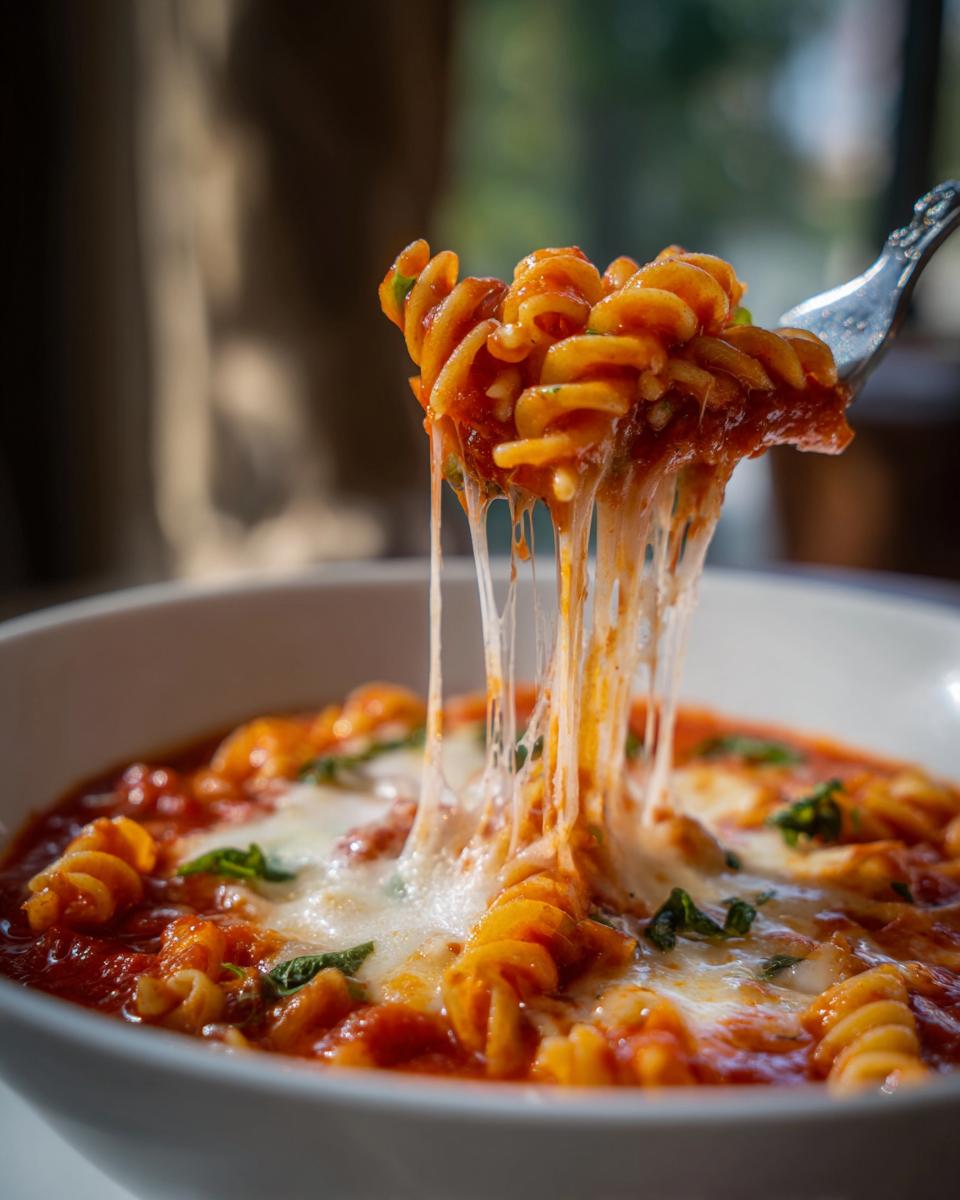 A fork lifts pasta covered in melted cheese strings from a bowl of crockpot lasagna soup.
