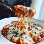 A fork lifts a bite of crockpot lasagna soup, showcasing long, stretchy strings of melted mozzarella cheese.