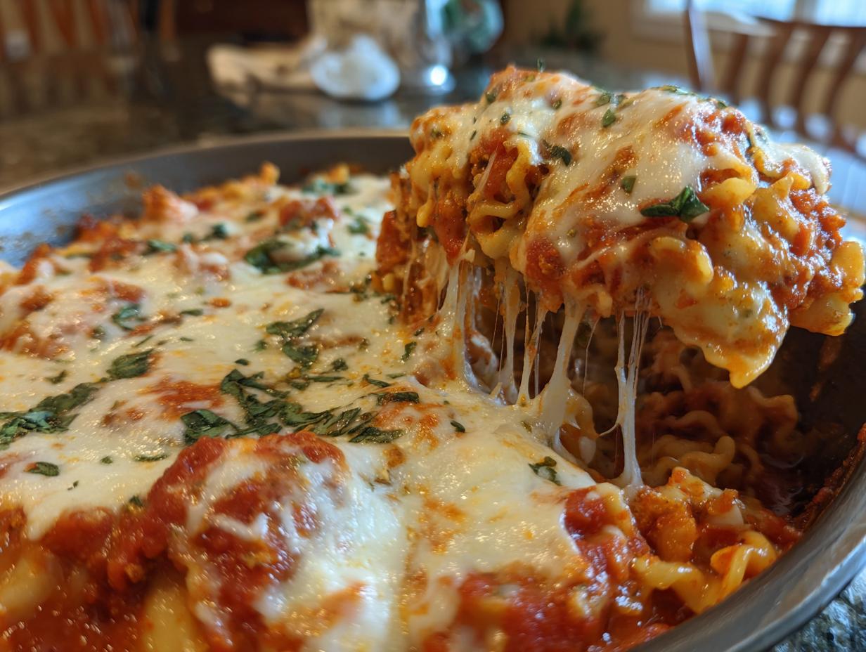 A spoonful of cheesy crockpot lasagna soup is lifted, showing long, gooey cheese pulls over the saucy pasta.
