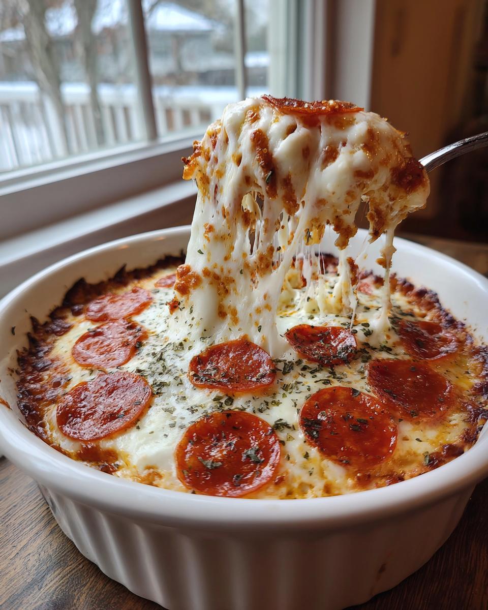 A spoonful of hot, cheesy pizza dip is lifted from a white baking dish, showing extreme cheese pull.