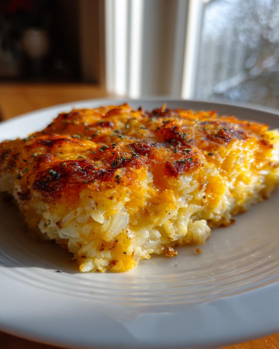 A close-up of a serving of cheesy potato casserole with a golden, melted cheese topping.