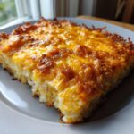 Close-up of a square slice of baked cheesy potato casserole with a golden, bubbly cheese crust.