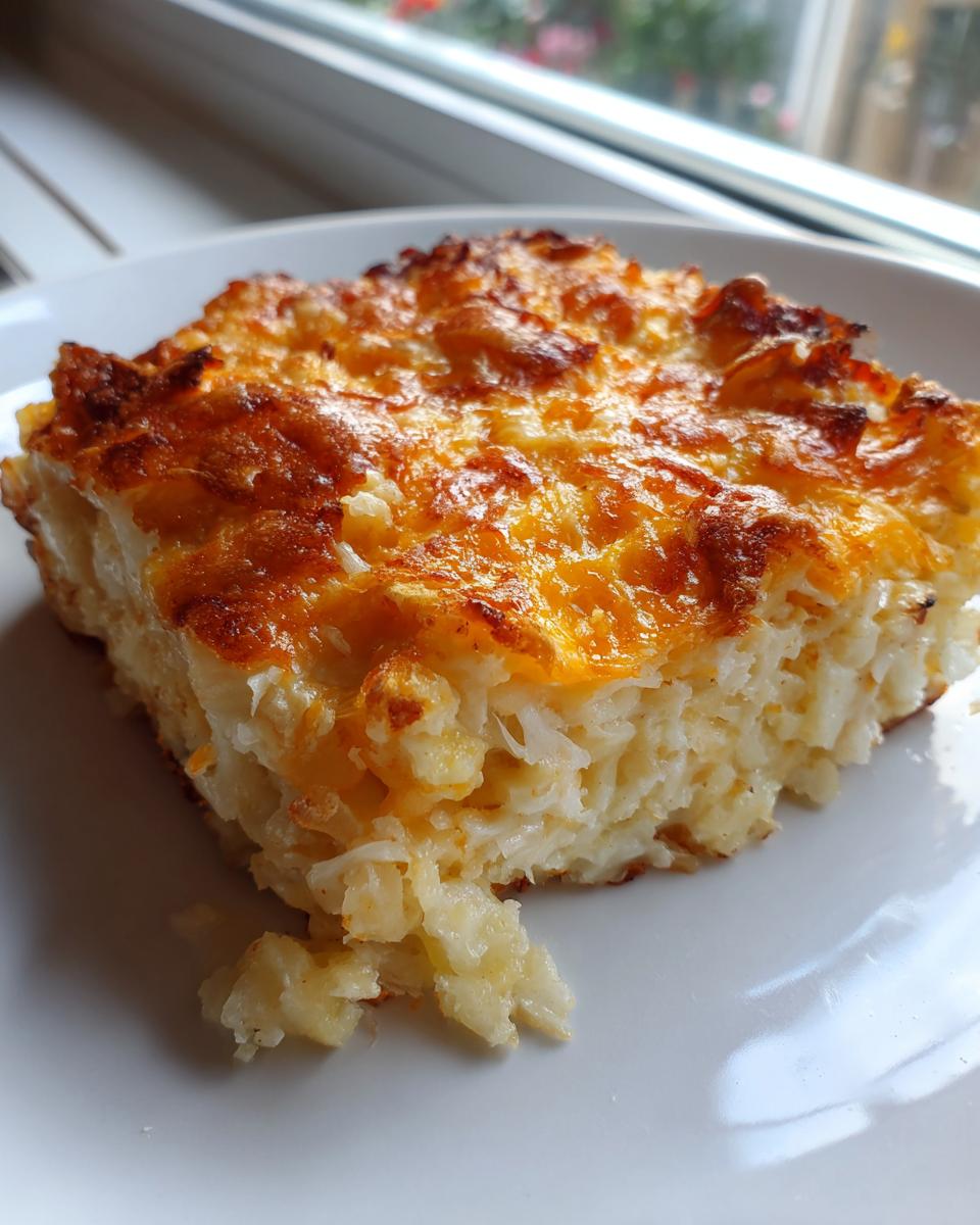 A square serving of baked cheesy potato casserole with a golden-brown, bubbly cheese crust.