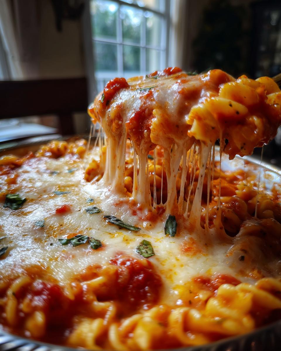 A spoonful of hot crockpot lasagna soup showing extreme cheese pull over the saucy pasta base.