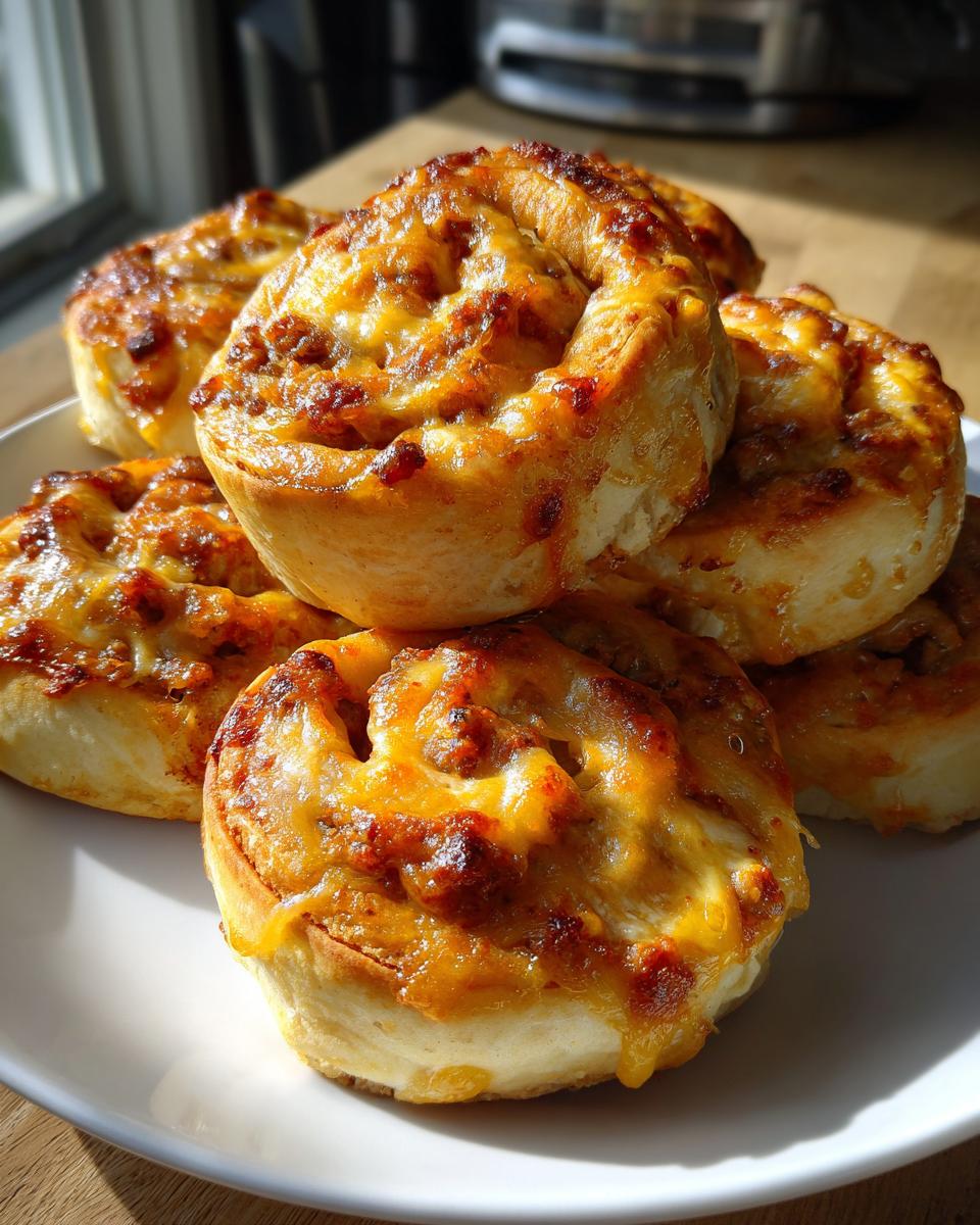 A stack of golden brown, cheesy sausage pinwheels piled high on a white plate.