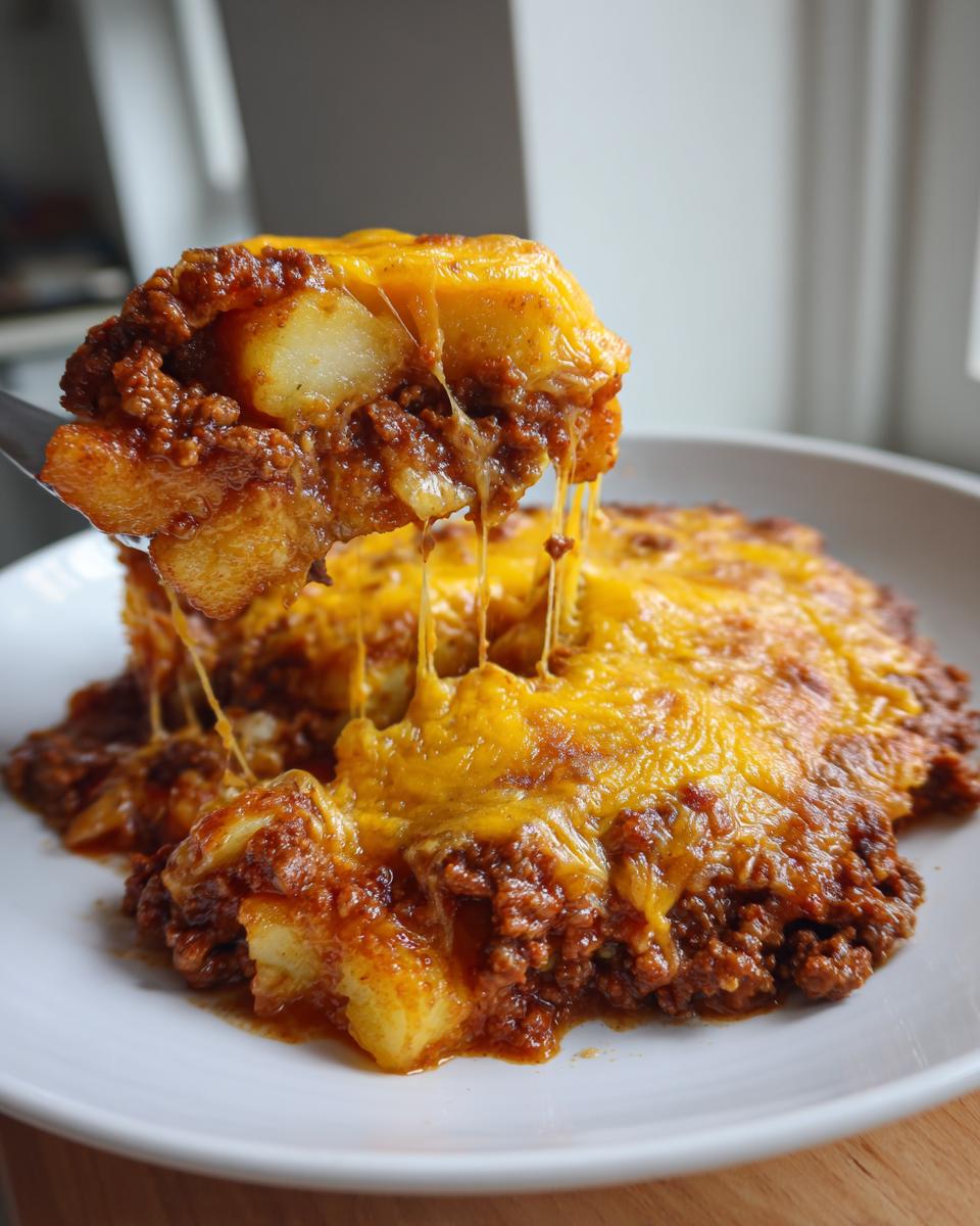 A serving spoon lifts a portion of Cheesy Taco Potatoes, showing melted cheese stretching between the serving and the main dish.