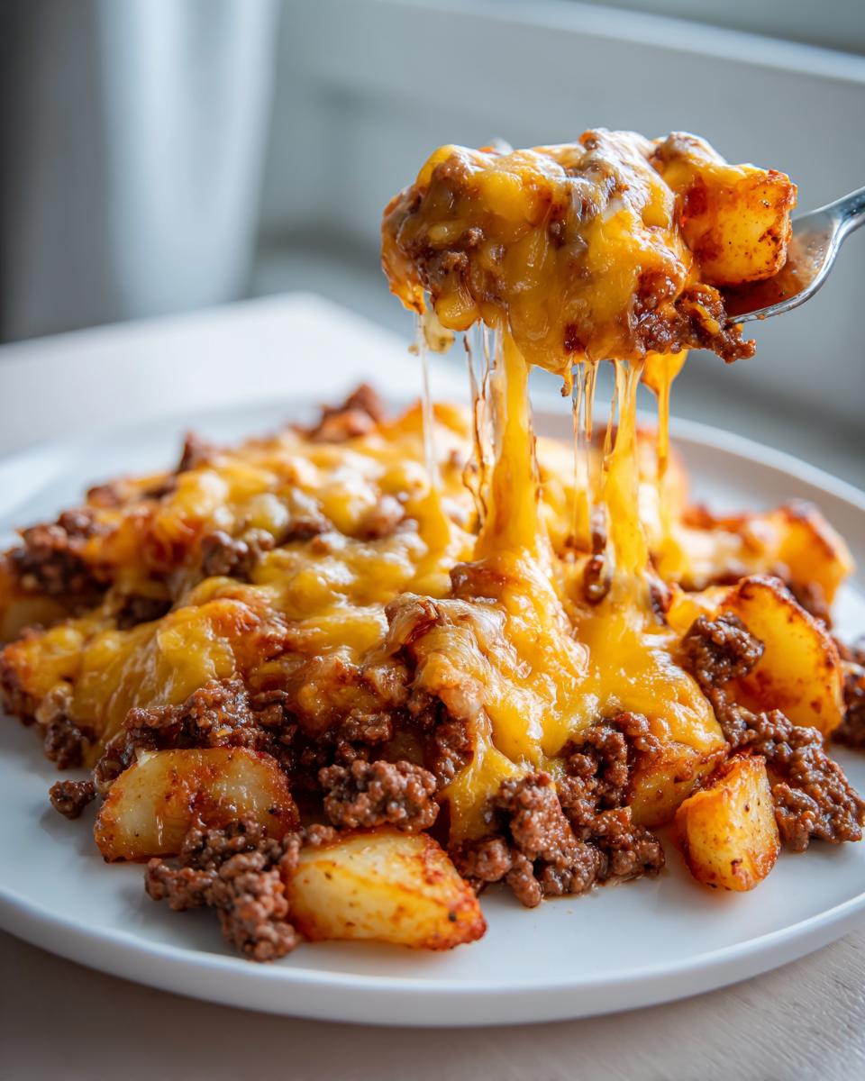 A fork lifts a bite of Cheesy Taco Potatoes covered in melted, stretching cheddar cheese over seasoned ground beef and potatoes.