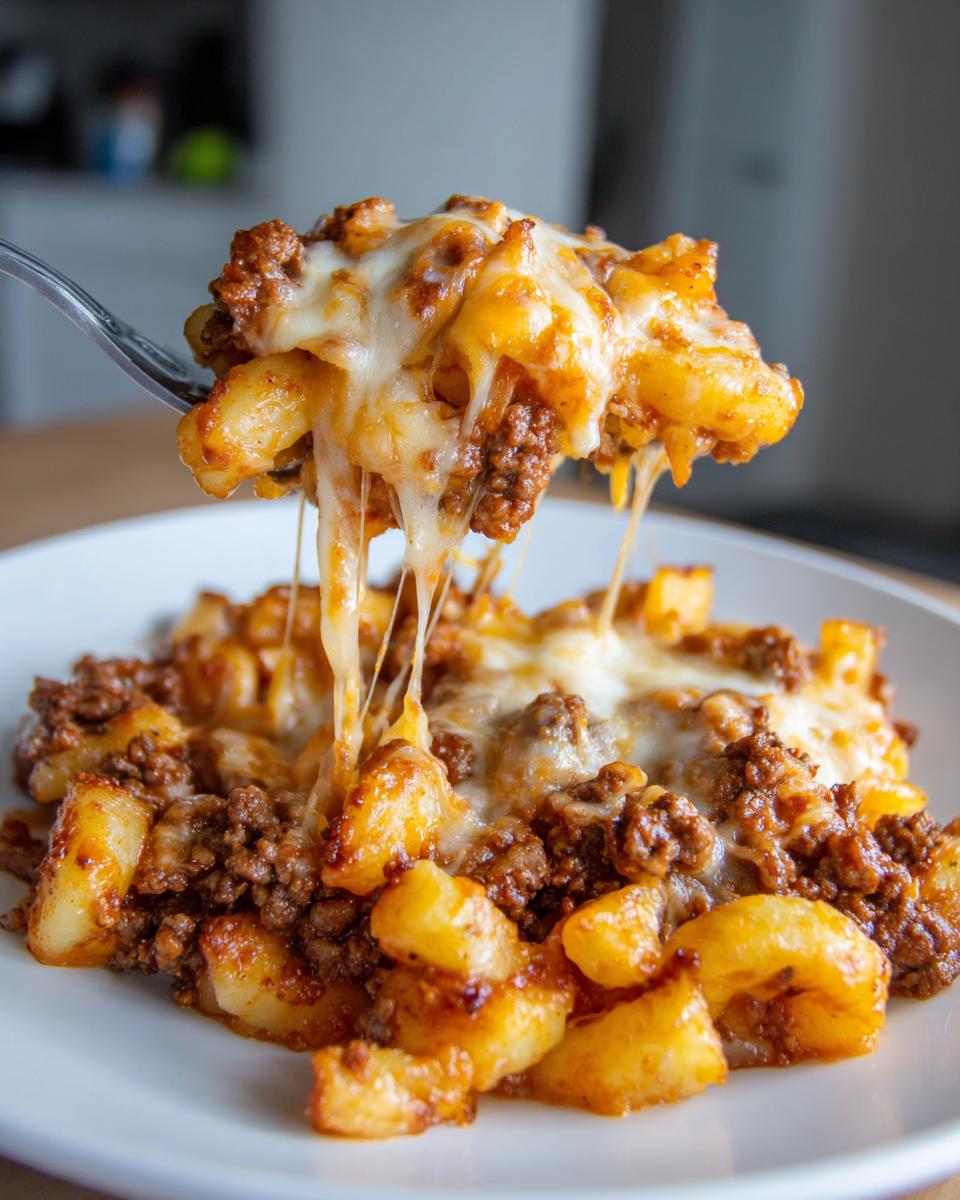 A fork lifts a bite of Cheesy Taco Potatoes covered in melted, stringy cheese and seasoned ground beef.