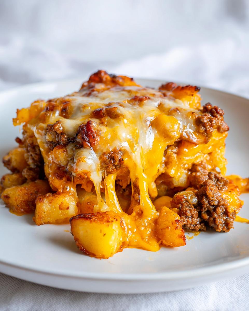 A serving of Cheesy Taco Potatoes featuring seasoned ground beef and potatoes smothered in melted, stretchy cheddar cheese.