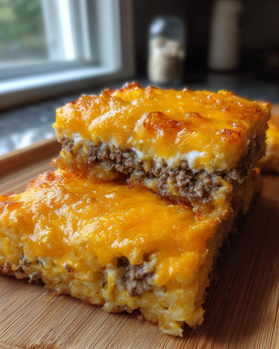 Two stacked squares of rich tater tot casserole topped with melted cheddar cheese, showing layers of meat and potatoes.