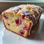 Close-up of a slice of moist Cherry cake studded with bright red fruit and drizzled with white icing.