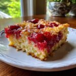 Close-up of a moist slice of 3-ingredient cherry dump cake with bright red fruit topping.