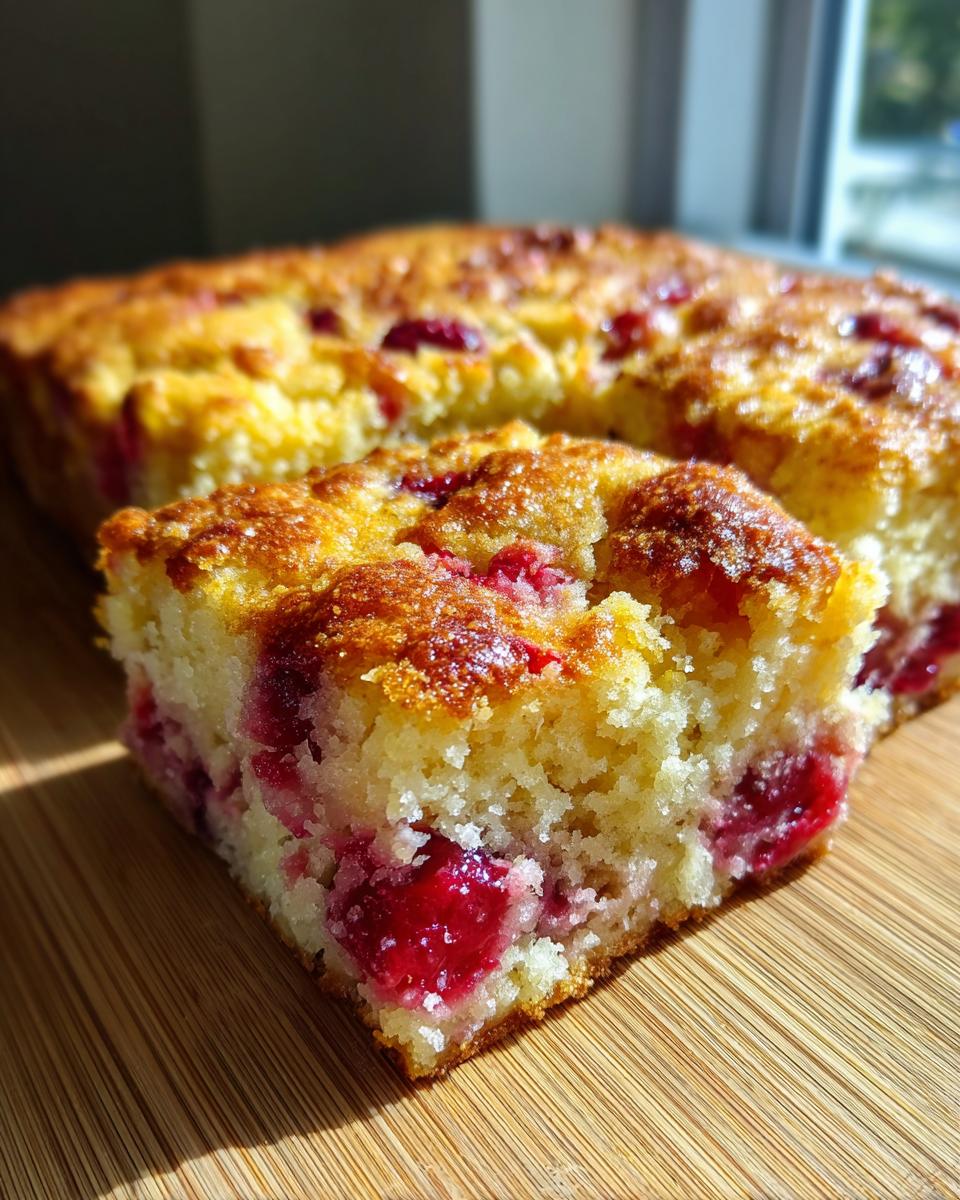 Close-up of a moist slice of cherry dump cake showing bright red cherries baked into the yellow cake base.
