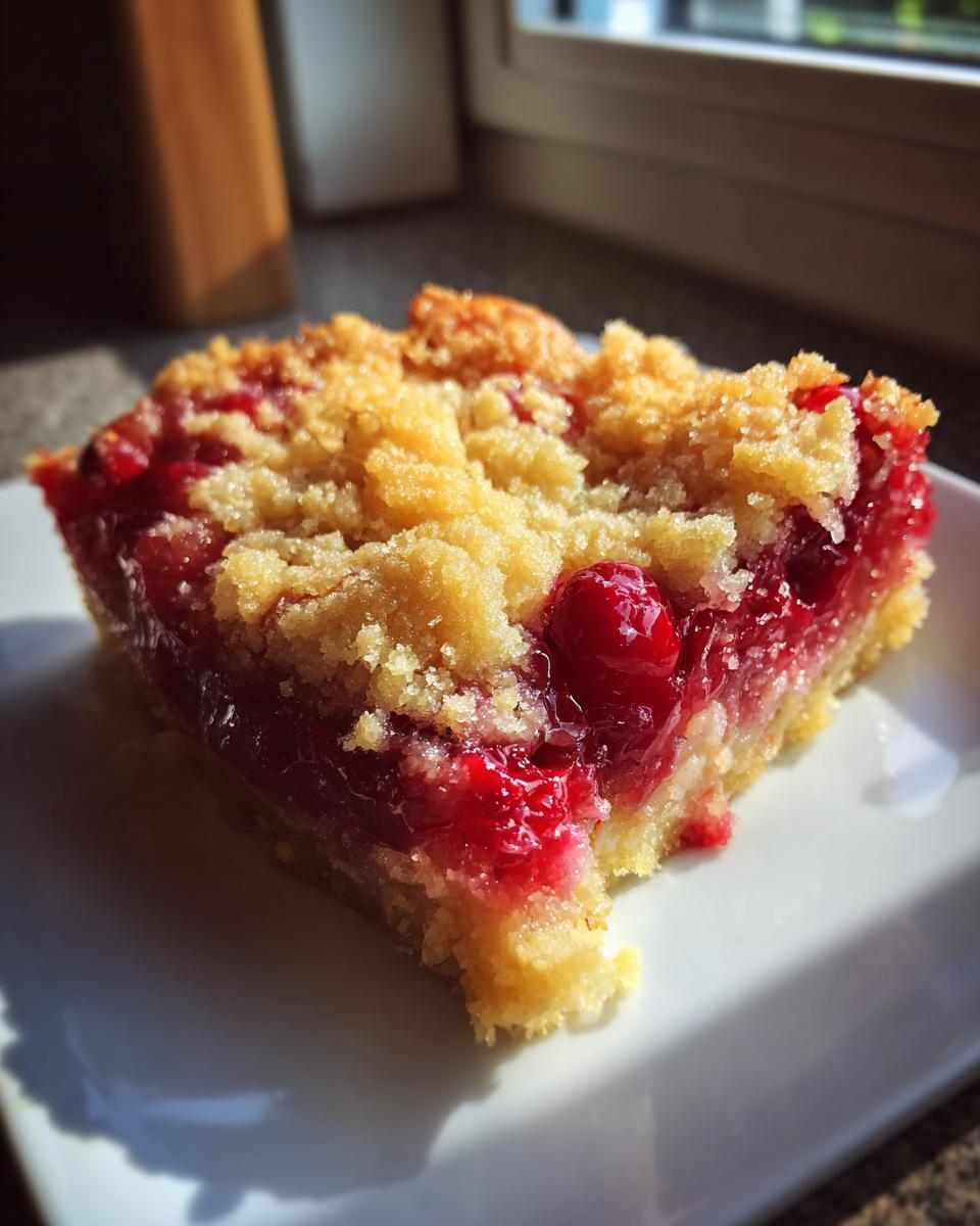 A close-up of a square slice of cherry dump cake with a bright red cherry filling and golden crumb topping.