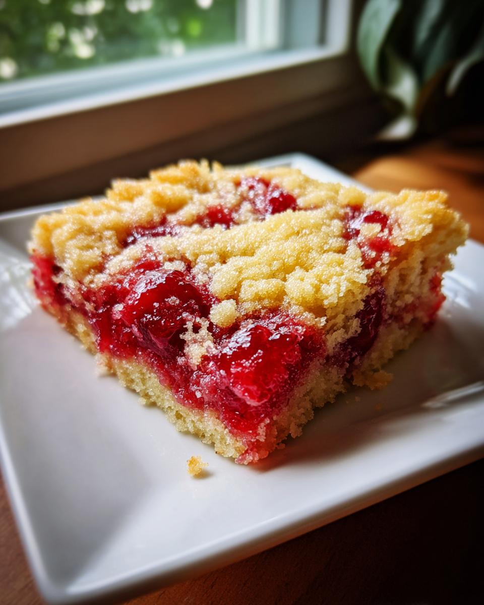 A square slice of moist cherry dump cake with a crumbly topping served on a white plate.