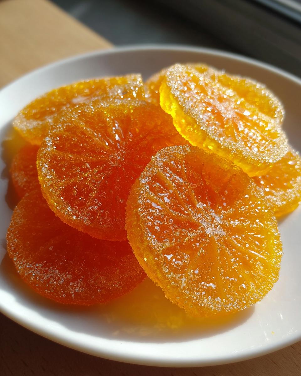 Close-up of several bright orange candied orange slices dusted generously with sparkling sugar crystals.