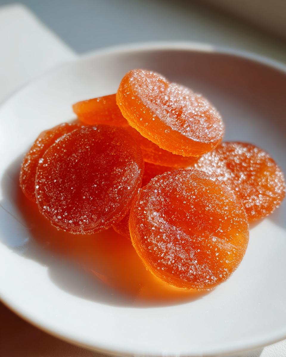 Close-up of several bright orange, round candied orange slices coated in sparkling sugar crystals.