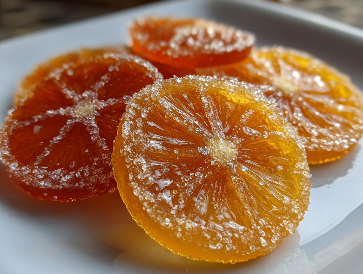 Close-up of glistening, chewy candied orange slices coated heavily in sparkling sugar crystals.