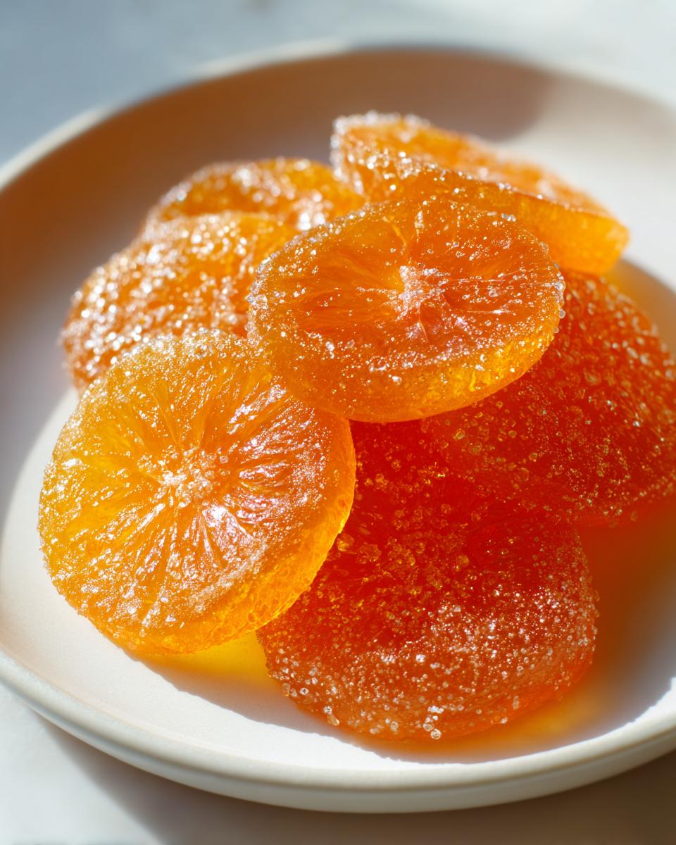 Close-up of glistening, sugar-coated candied orange slices piled on a small white plate.