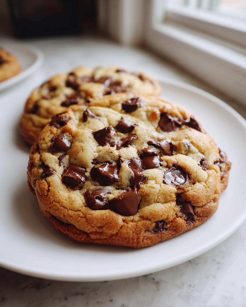 Close-up of two perfectly baked, thick, and chewy chocolate chip cookies loaded with melted chocolate chunks.