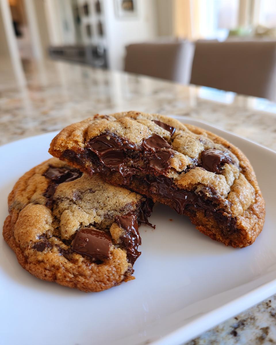 A close-up of a chewy chocolate chip cookie broken in half, revealing a molten, gooey chocolate center.