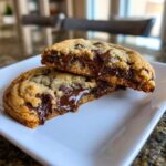 Close-up of a chewy chocolate chip cookie broken in half, revealing a gooey, melted chocolate center.
