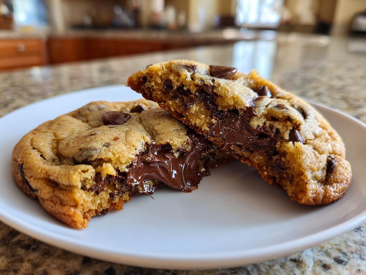 A close-up of chewy chocolate chip cookies broken in half, showing a gooey, melted chocolate center.