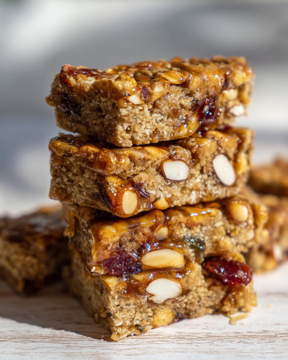 Close-up of a stack of three chewy homemade granola bars packed with almonds and dried fruit.