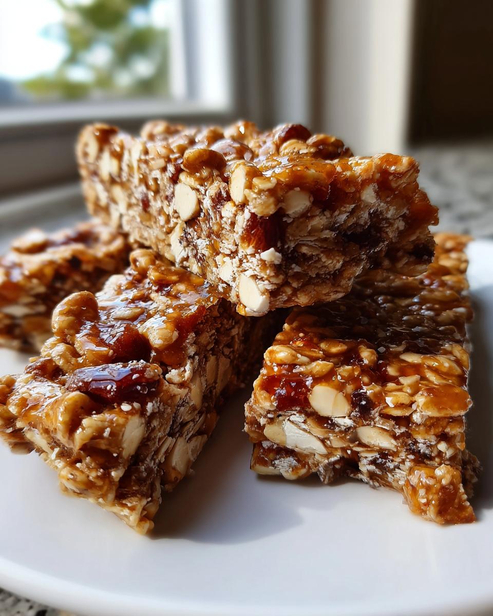 Close-up of several sticky, chewy homemade granola bars stacked on a white plate, rich with oats and nuts.