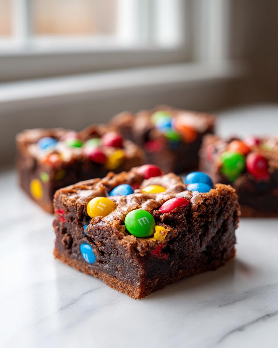 A close-up of a chewy M&M christmas cookie bars square topped with colorful M&Ms on a white marble surface.
