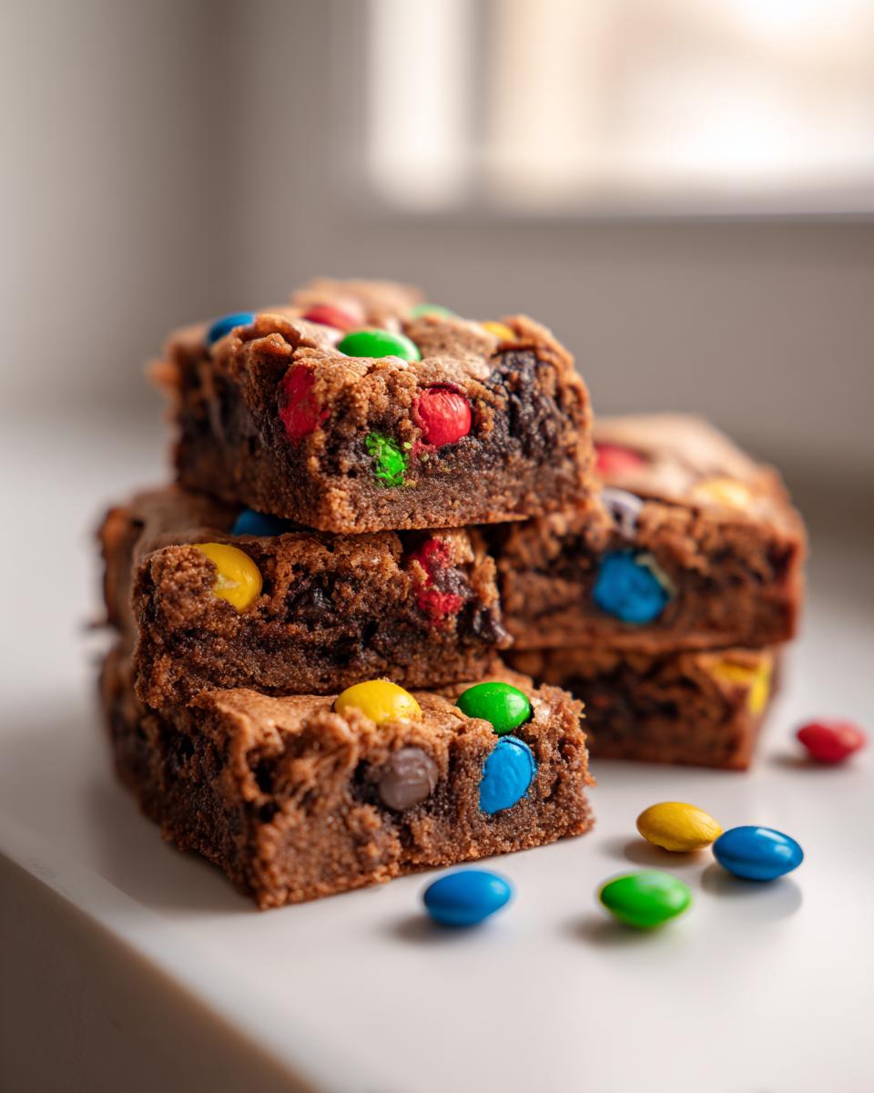 A stack of rich, chewy christmas cookie bars studded with colorful M&M candies.