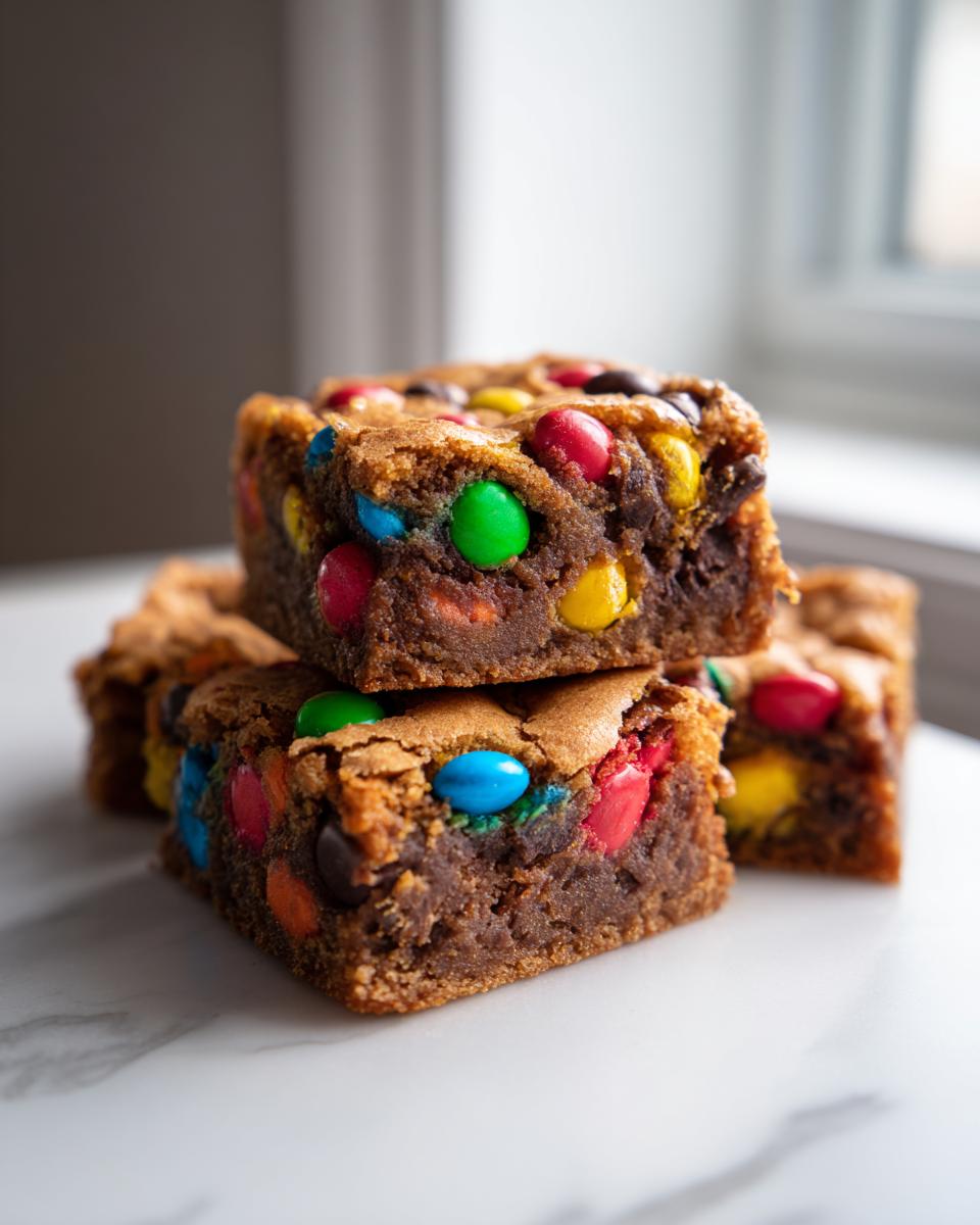 Close-up of stacked, chewy christmas cookie bars loaded with colorful M&M candies.