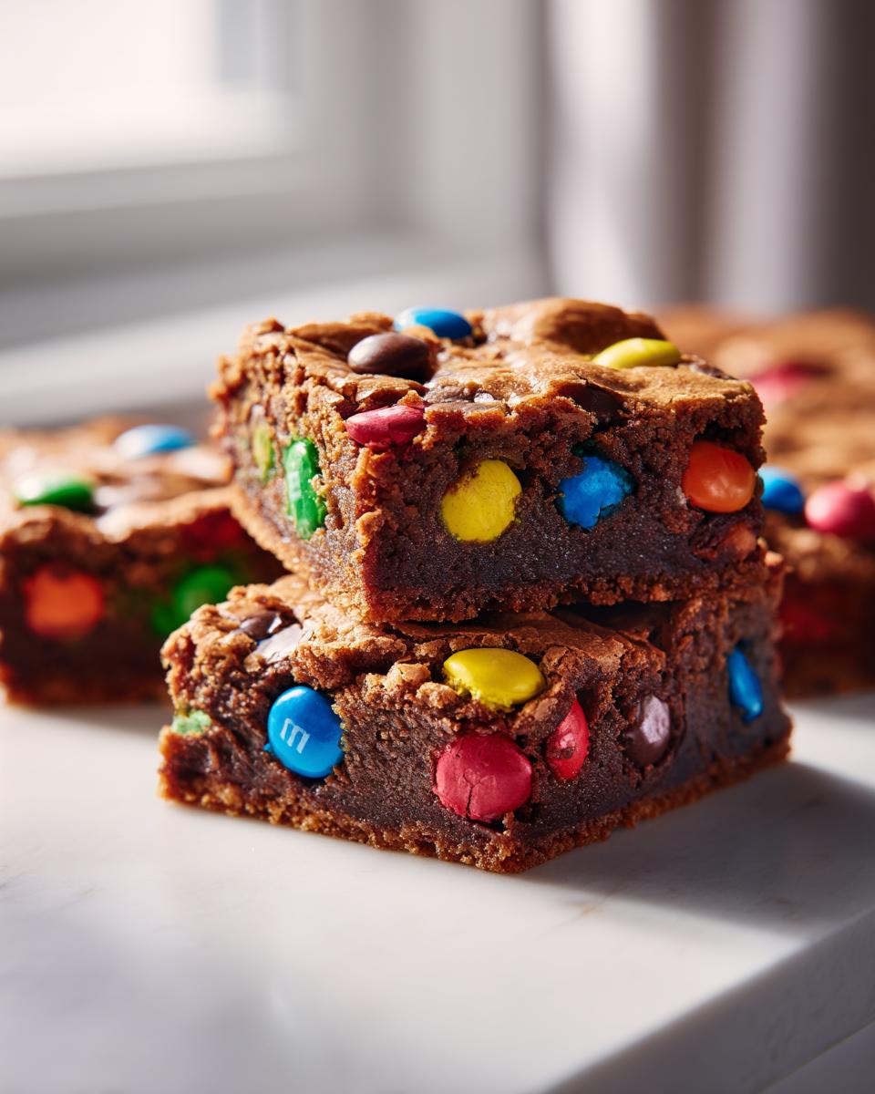 Two chewy christmas cookie bars stacked, studded with colorful M&M candies, on a white surface.