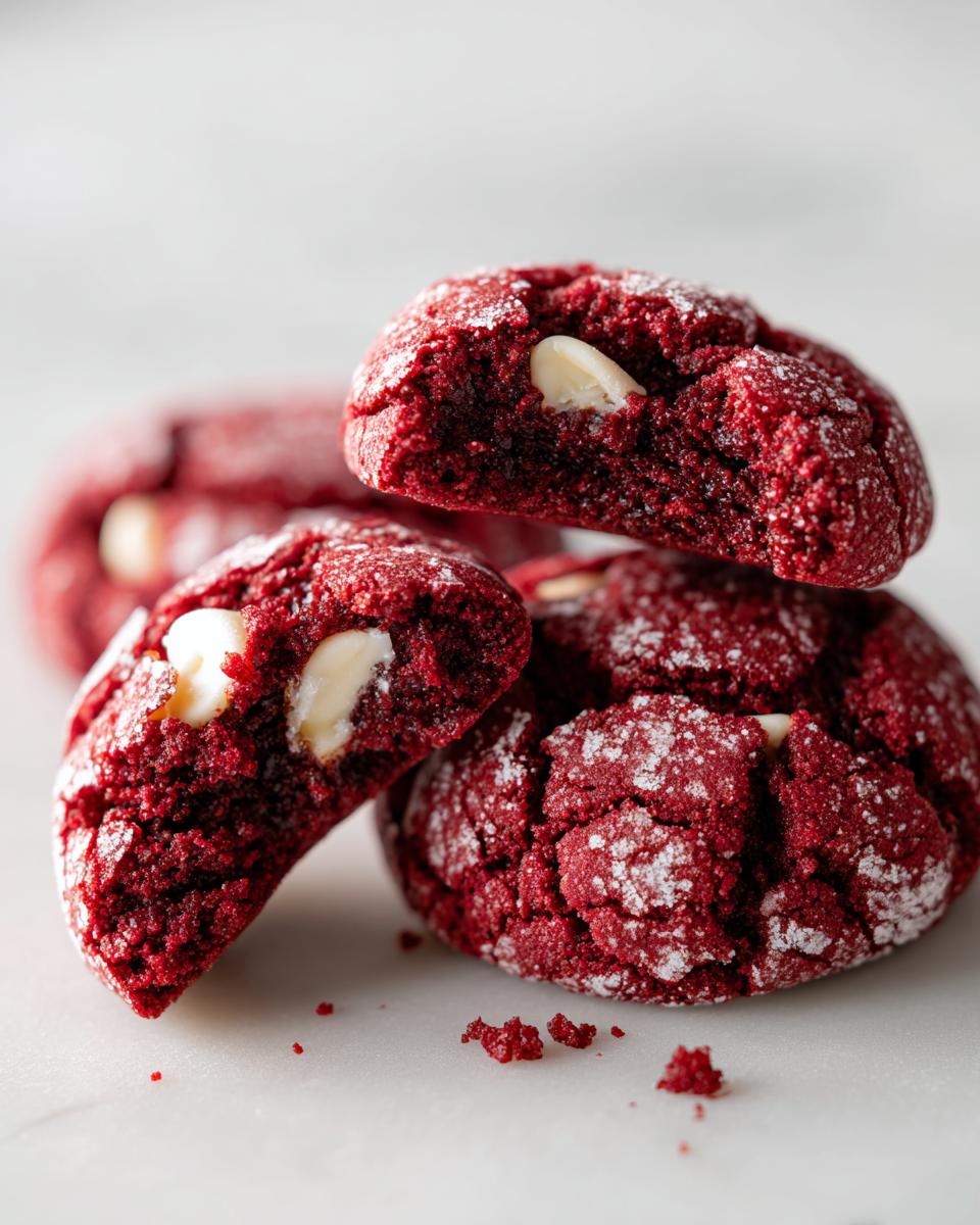 A stack of vibrant red velvet cookies dusted with powdered sugar, showing a soft interior and white chocolate chips.