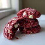 A stack of four rich, crinkly red velvet cookies studded with white chocolate chips, one cookie broken open.