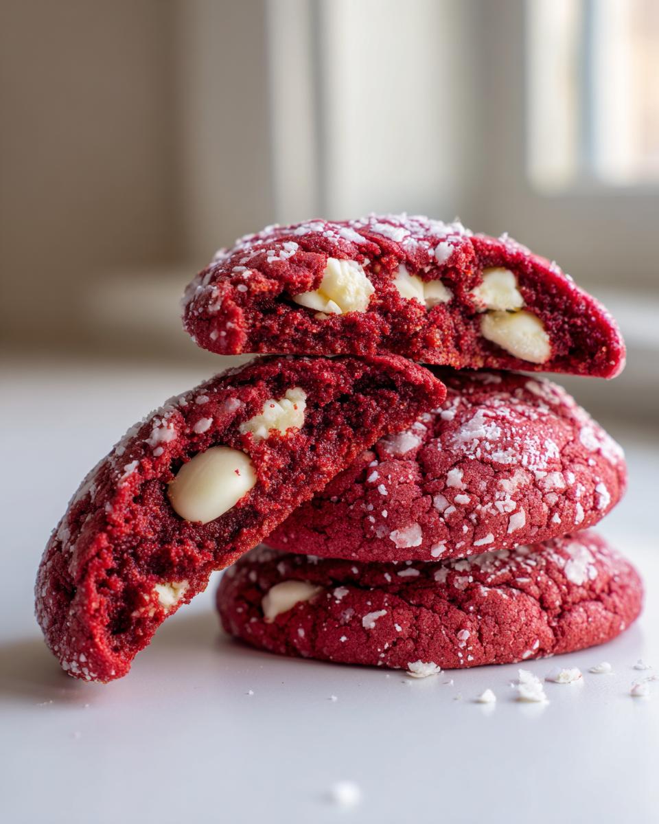 A stack of three vibrant red velvet cookies, one cut open to show white chocolate chips inside.
