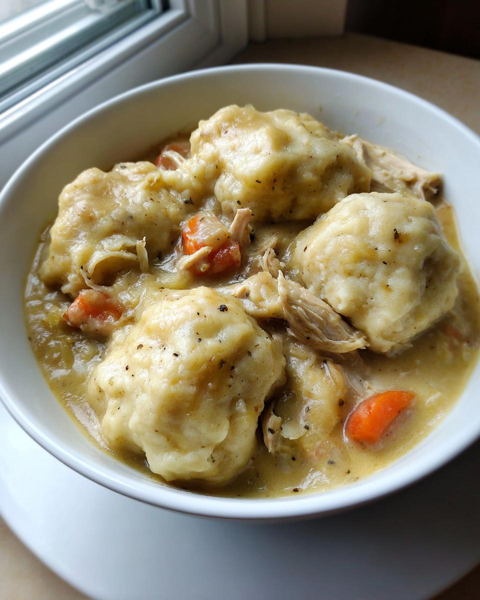 Close-up of a bowl of creamy chicken and dumplings with visible shredded chicken and carrots.