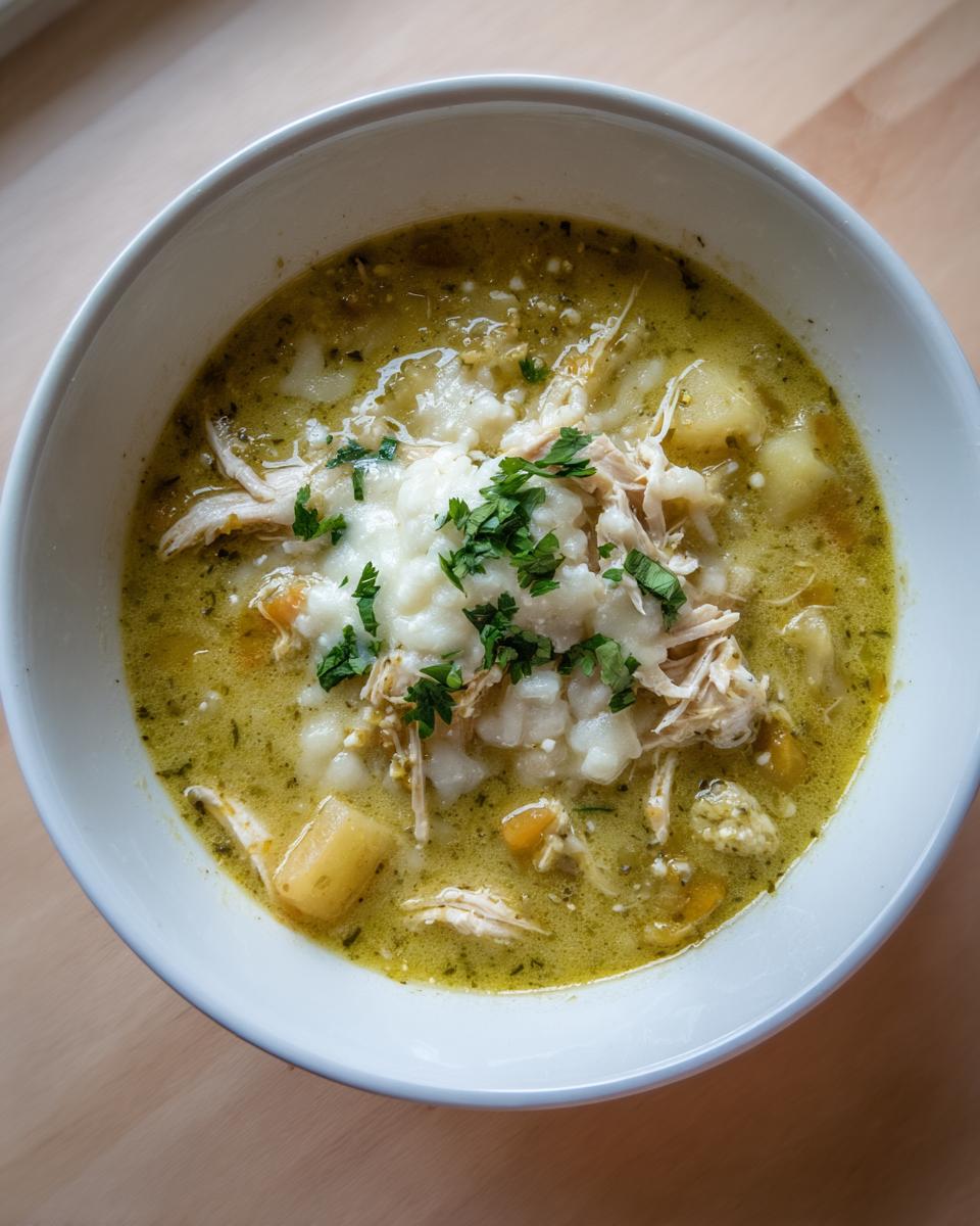Overhead view of a white bowl filled with creamy chicken poblano soup, topped with cheese and cilantro.